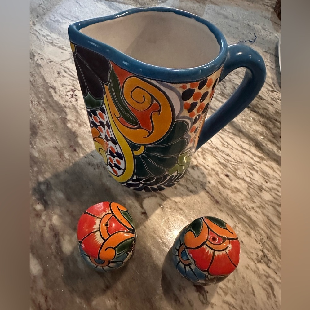 Beautiful Southwestern, Mexican Style Multicolor Ceramic Pitcher and Shakers Set